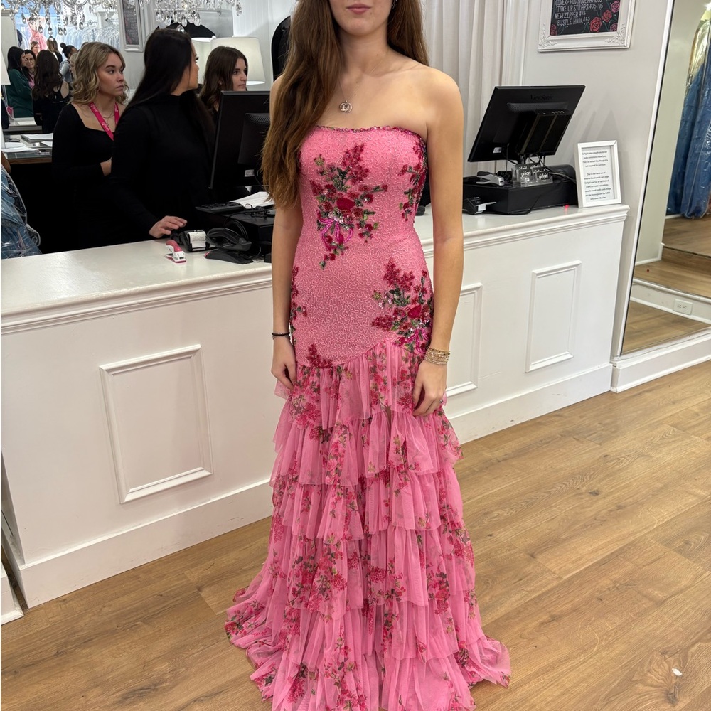 Sherri Hill Pink Strapless Tiered Gown Spring 2024 Corset back- will fit 0-2.